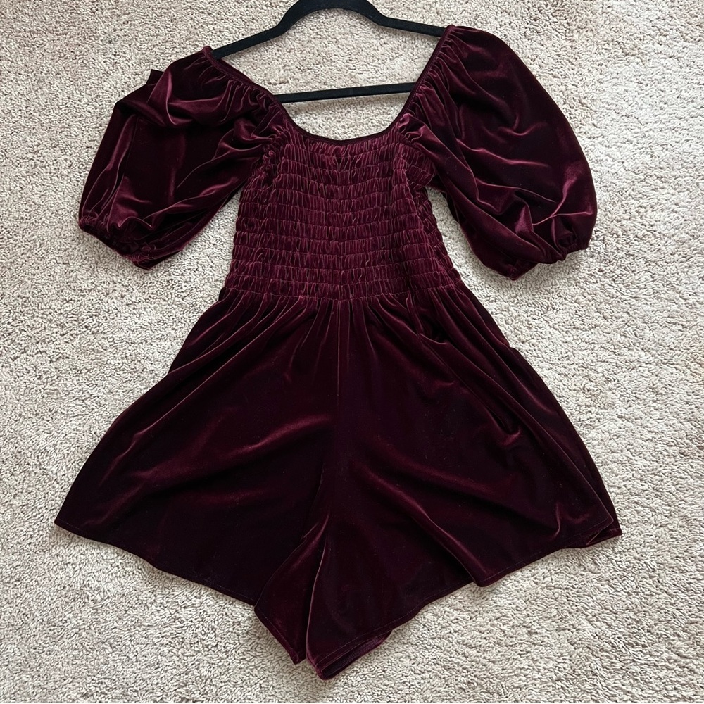 Urban Outfitters Burgundy Smocked Velvet Romper